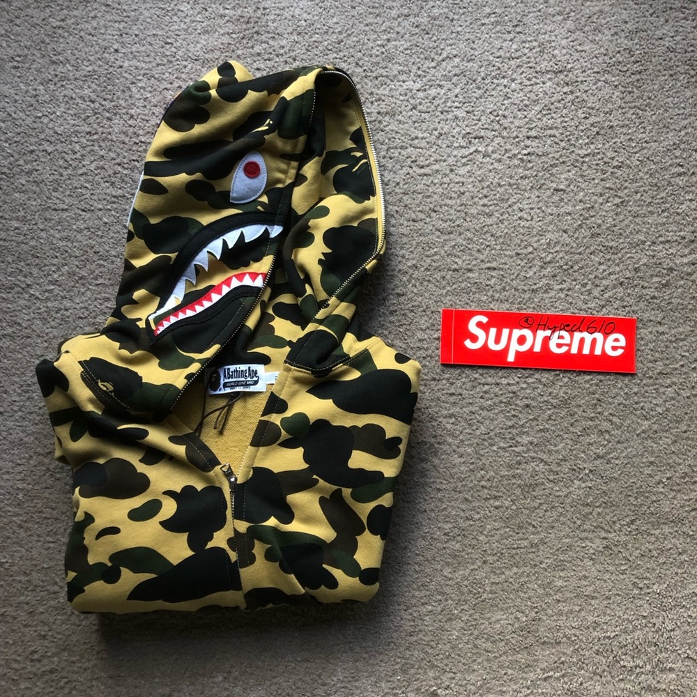**SOLD** Bape Yellow Camo Shark Hoodie